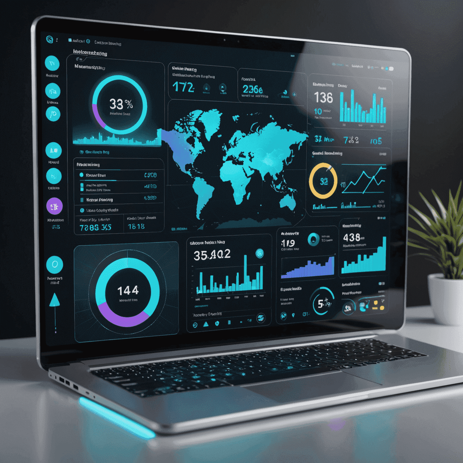 A futuristic digital marketing dashboard displaying various analytics, social media metrics, and AI-driven insights. The image showcases holographic projections of data visualizations and cutting-edge marketing tools.