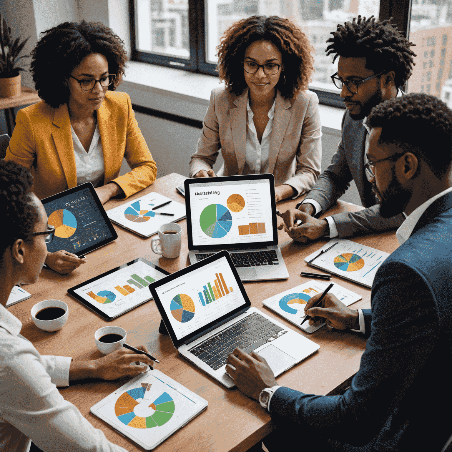 A team of diverse marketing professionals collaborating on a digital strategy, using tablets and laptops with colorful charts and graphs displayed on screens