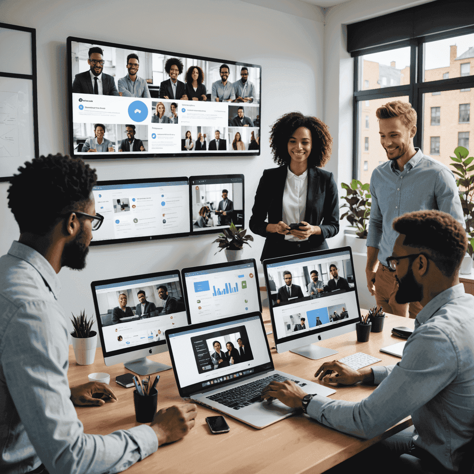 A team of diverse professionals collaborating on social media strategy, using multiple screens displaying various social platforms