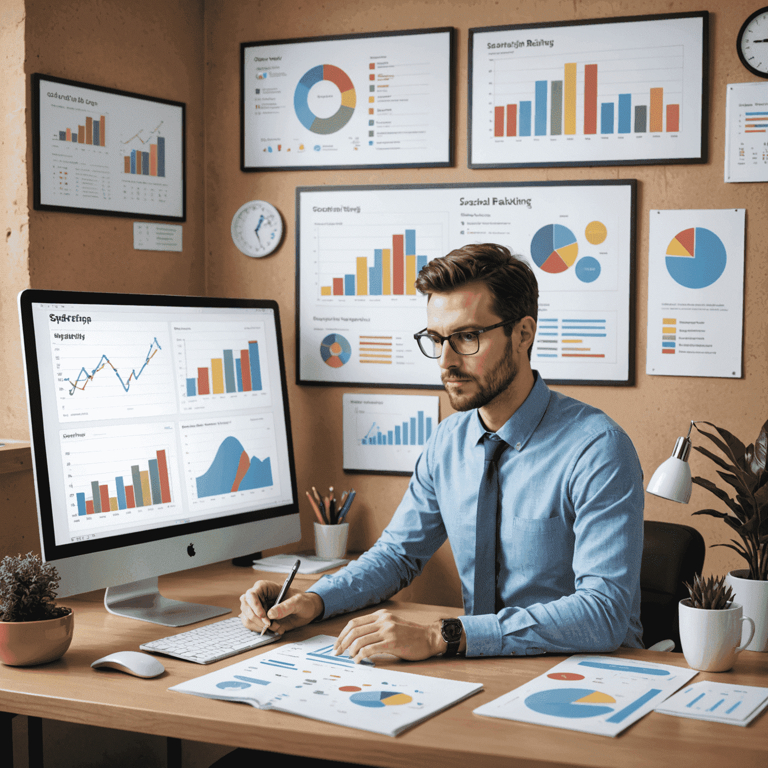 Data analyst working on SEO strategies, surrounded by charts and graphs showing improved search rankings