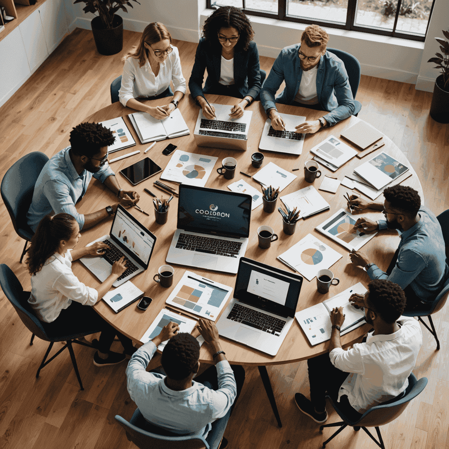 A team of diverse content creators brainstorming ideas around a modern office table, with laptops, tablets, and creative mood boards visible