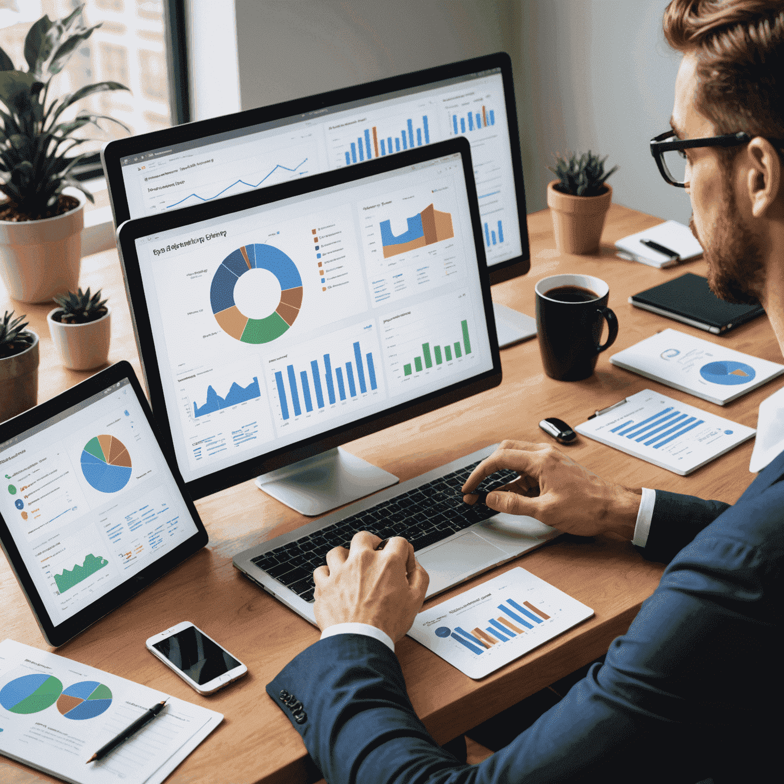 A digital marketing professional analyzing PPC campaign data on multiple screens, showing graphs, keywords, and ad performance metrics