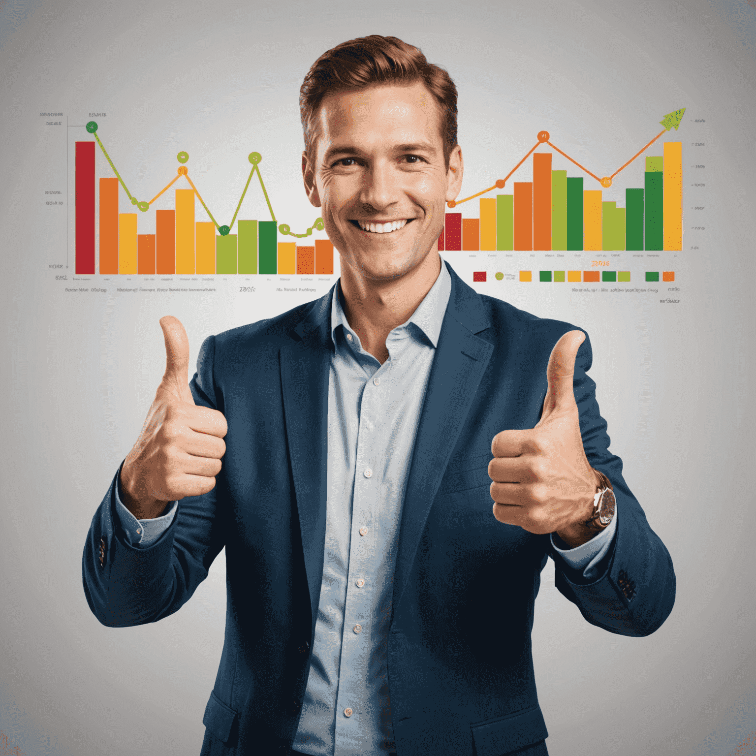 A graph showing significant increase in sales, with a smiling business owner giving a thumbs up