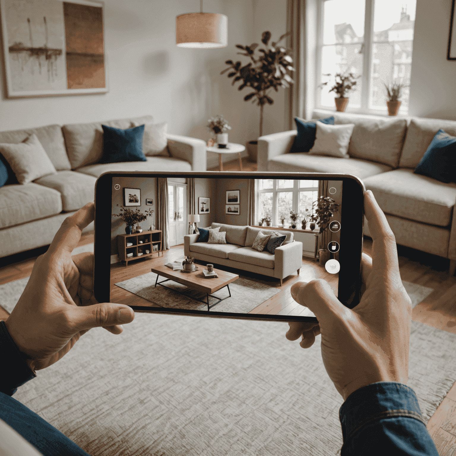 A person using a smartphone to view an augmented reality overlay of a furniture piece in their living room. The AR technology shows a realistic 3D model of a sofa seamlessly integrated into the real environment.