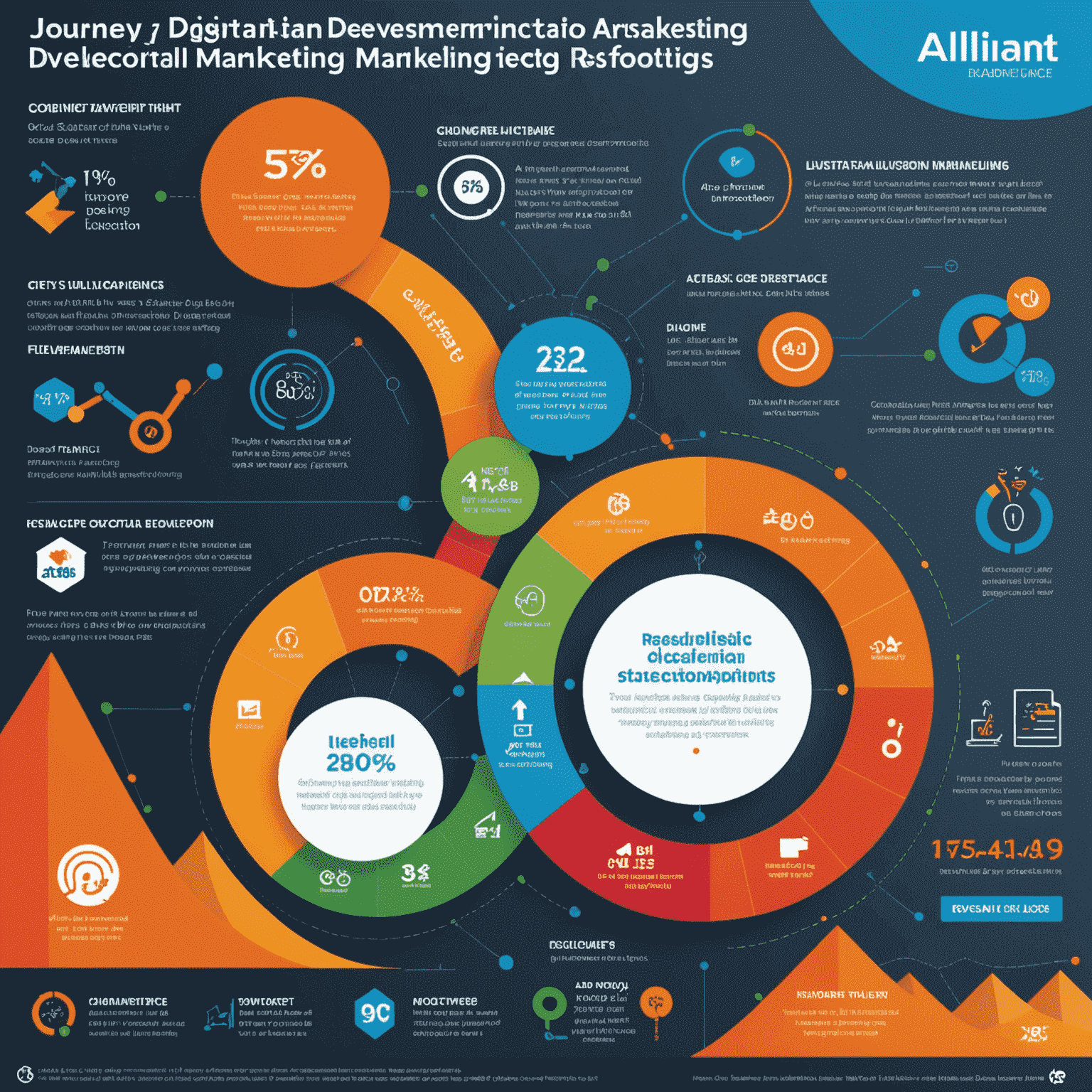 A vibrant infographic showing the journey from strategy development to successful digital marketing results, featuring Alliant's logo and key performance indicators