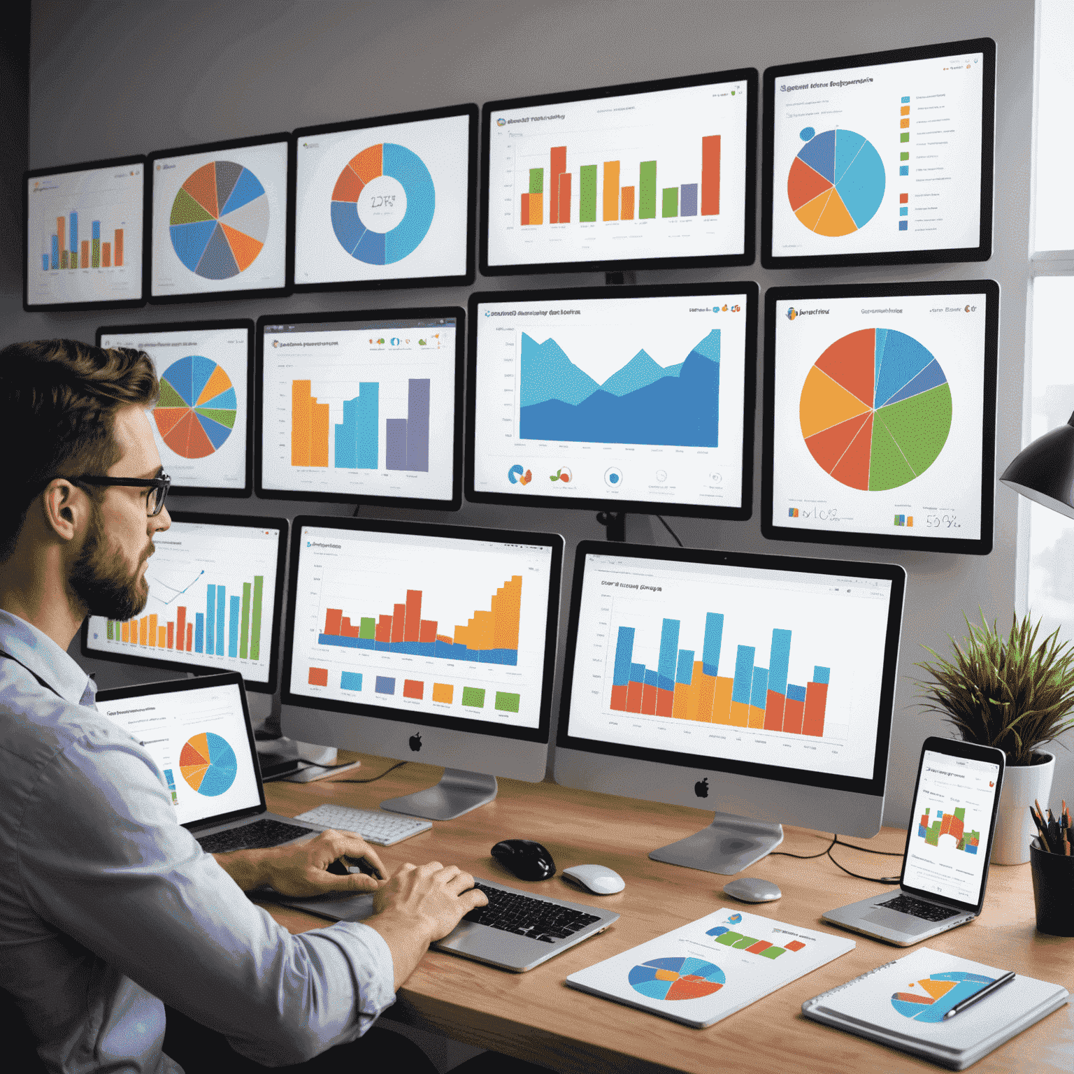 A digital marketing professional analyzing content performance metrics on multiple screens, with colorful charts and graphs displayed