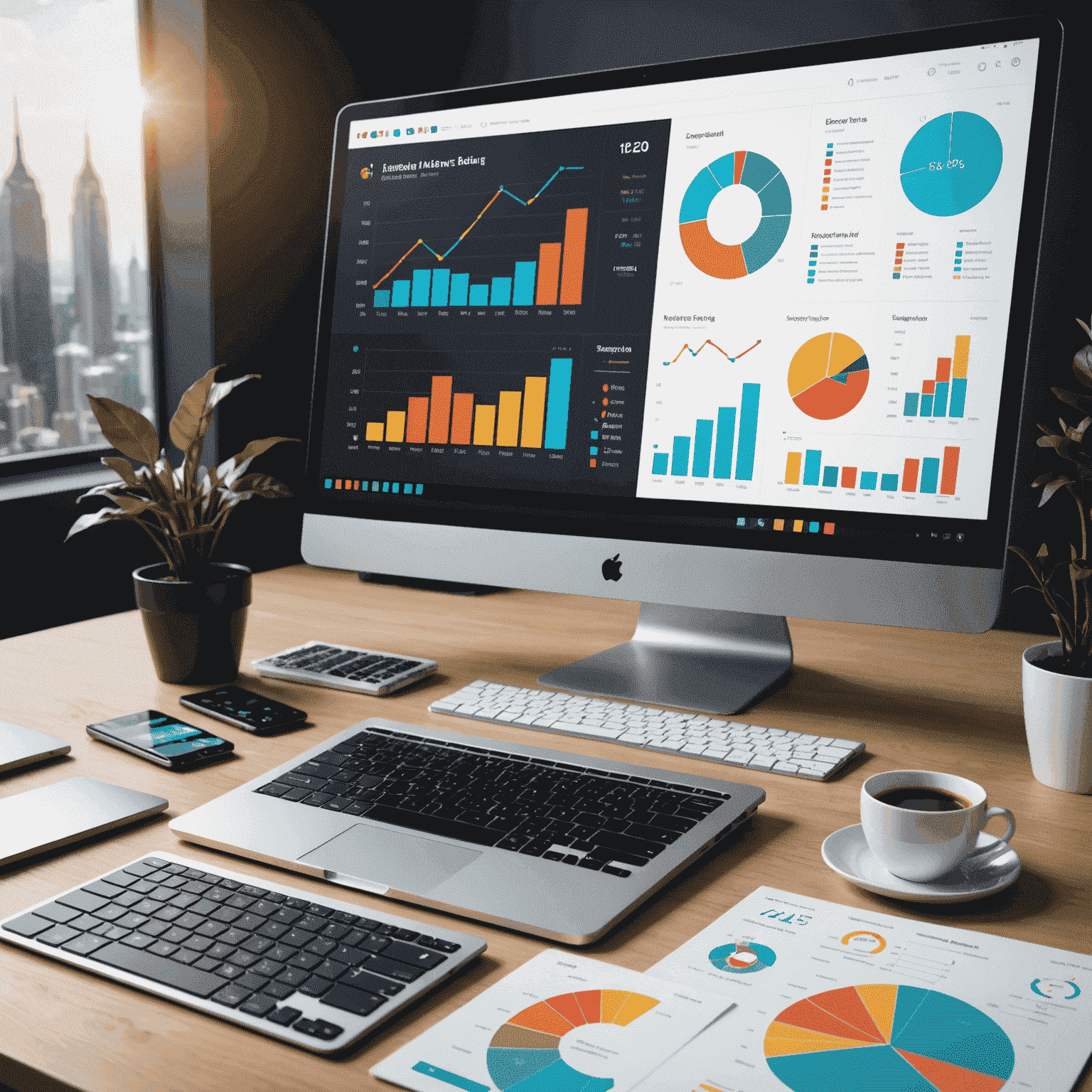 Visual representation of emerging marketing trends, showing a futuristic dashboard with colorful charts and graphs