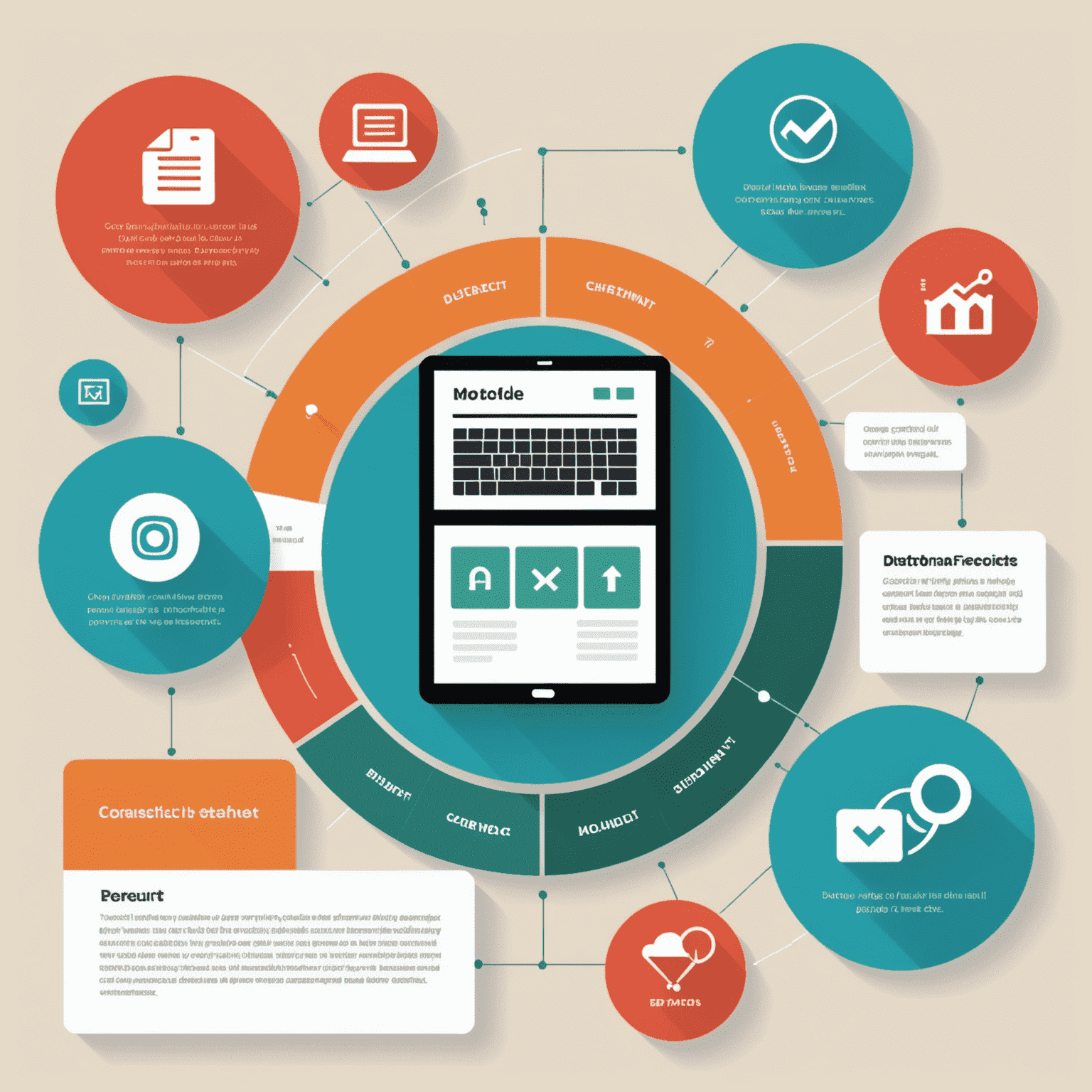 Various types of content including blog posts, videos, and infographics being created and distributed across different channels