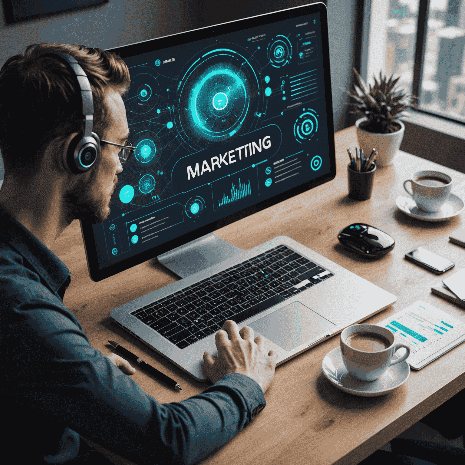 Futuristic digital marketing tools and AI-powered analytics interfaces